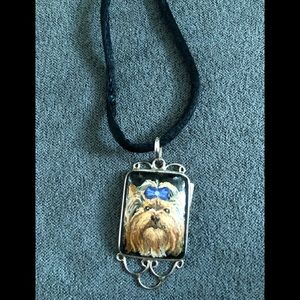 Silver hand painted Yorkie portrait necklace.